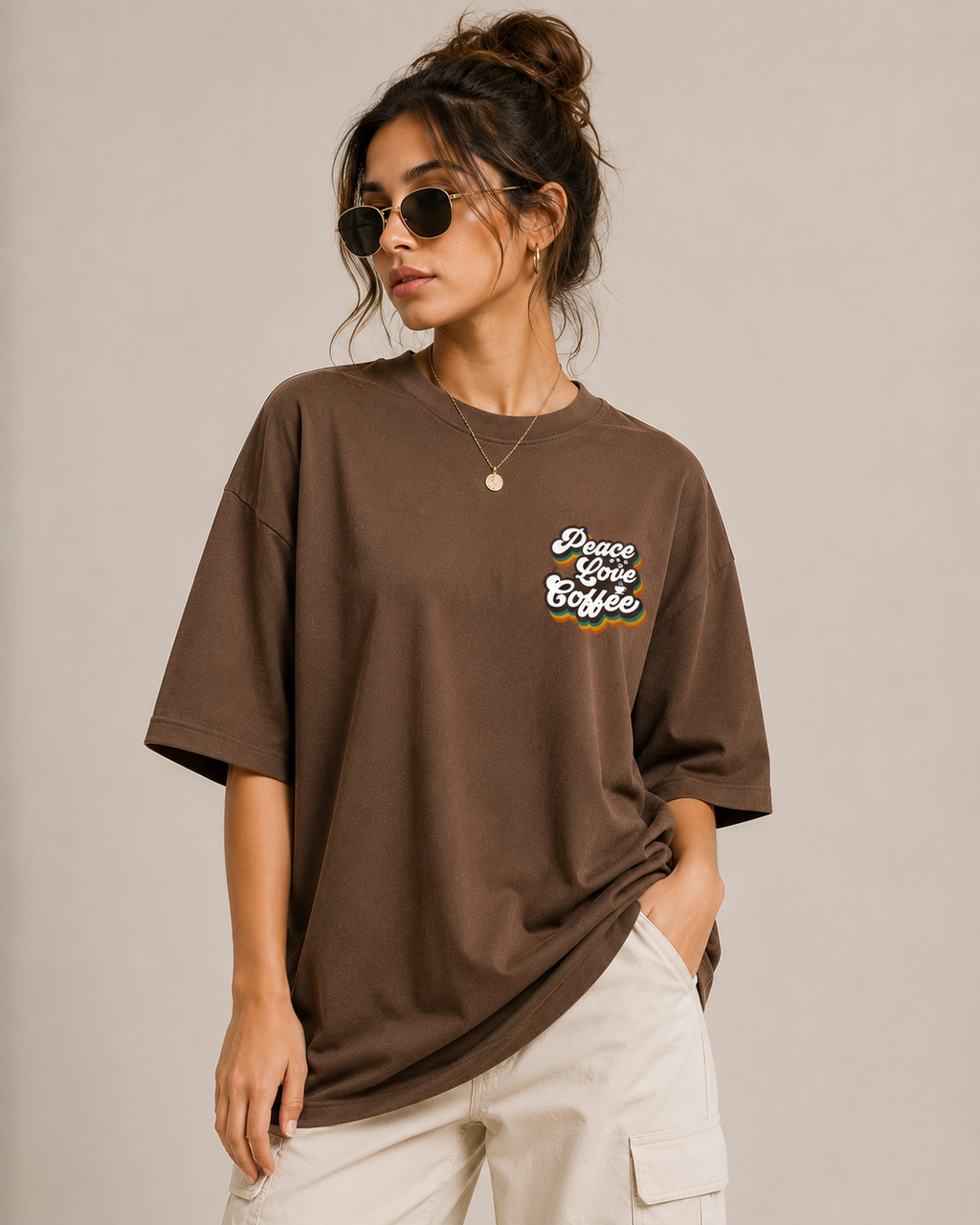 Kessolin Peace Love Coffee Oversized T-Shirt – Mocha Brown
