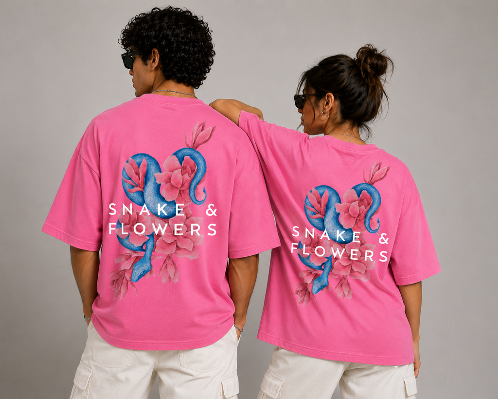 KESSOLIN Snake & Flowers Oversized T-Shirt – Artistic Floral Snake Graphic Back Print