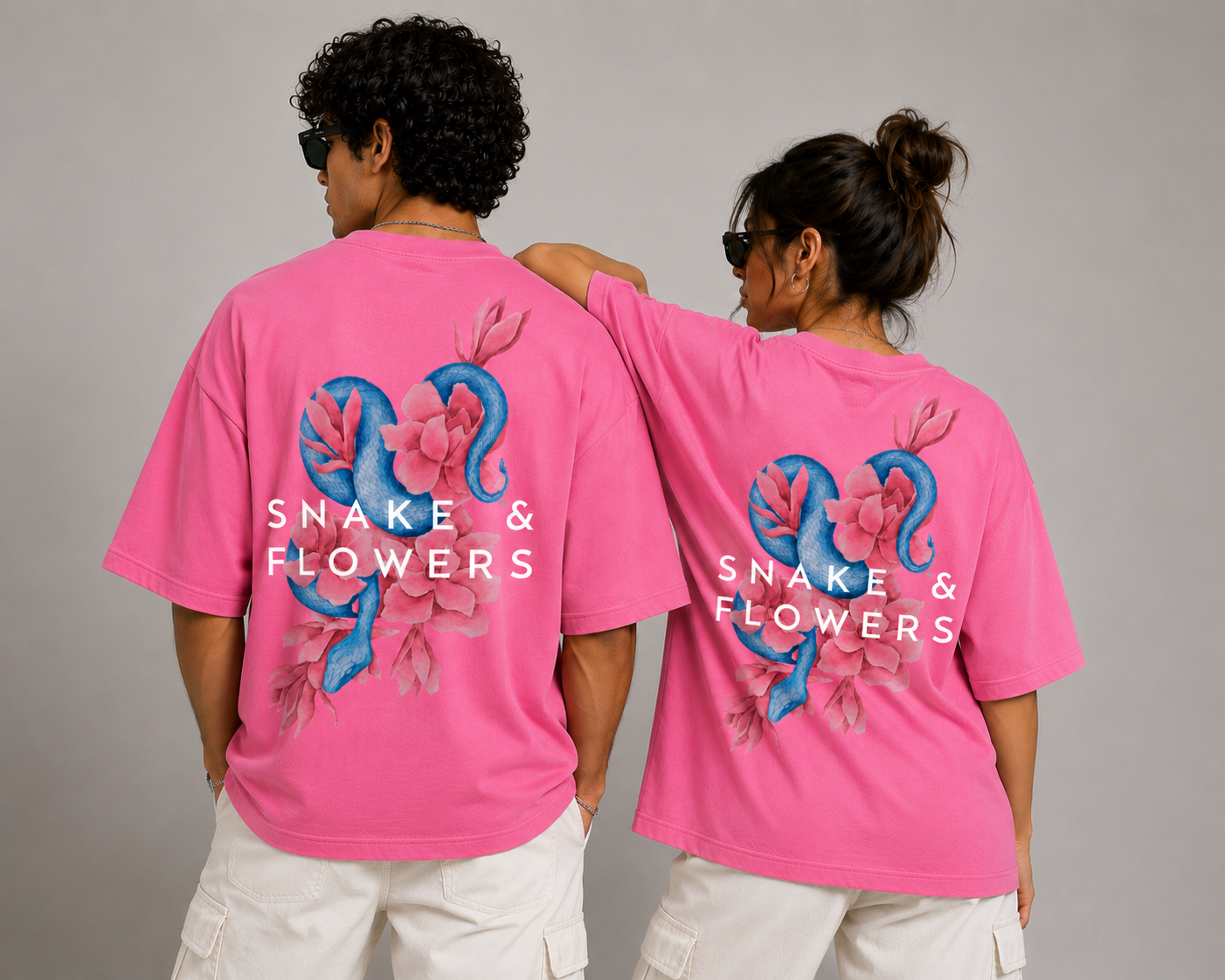 KESSOLIN Snake & Flowers Oversized T-Shirt – Artistic Floral Snake Graphic Back Print
