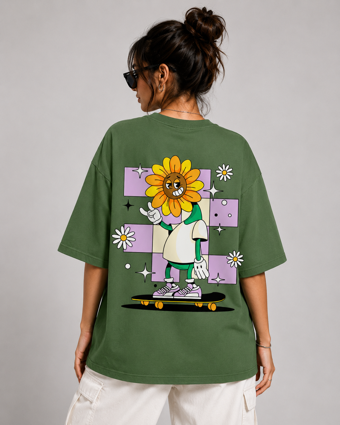 Kessolin Sunflower Skater Oversized T-Shirt – Olive Green