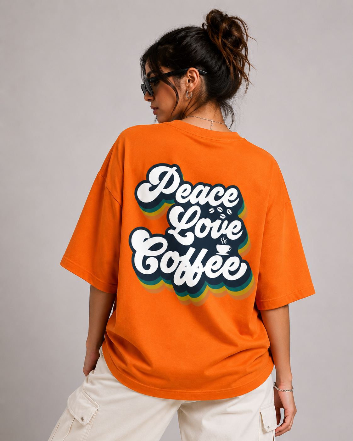 KESSOLIN Peace Love Coffee Oversized T-Shirt – Retro Graphic Back Print